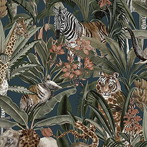 Safari Animal Fusion Wallpaper Holden 13012 - Navy Blue/Green/Multi - Giraffes, Elephants and Tigers