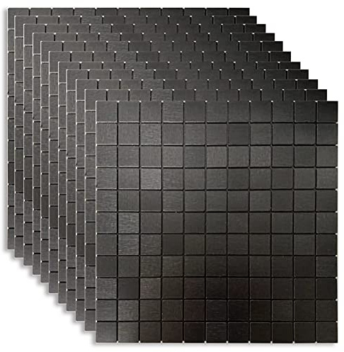 XUANINY 11-Sheet Peel and Stick Backsplash Tiles, Brushed Aluminum Surface Metal Mosaic Sticker for Kitchen Wall (11.41x11.41) (11, Black Brushed)