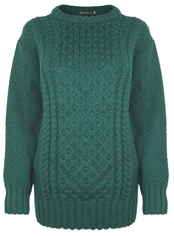 Generation Fashion New Ladies Women Aran Knit Long Sleeve Crew Neck Knitted Cable Jumper Sweater Pullover Top 8-30 (Bottle Green,28-30)