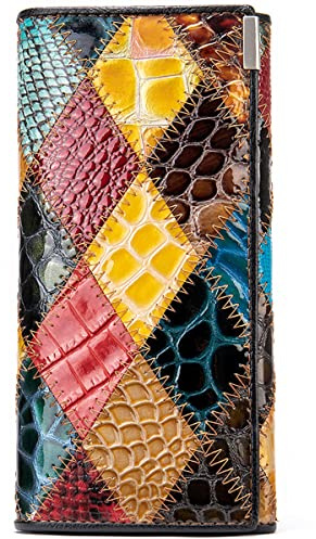 Karoukee Damen Fancy Echtleder Bifold Lange Brieftasche Einzigartig Patchwork Bunte Handy Clutch Geldbörse mit großem Fassungsvermögen Kreditkarten Halter Geldbörse Kiss Lock Münzbeutel Portemonnaie