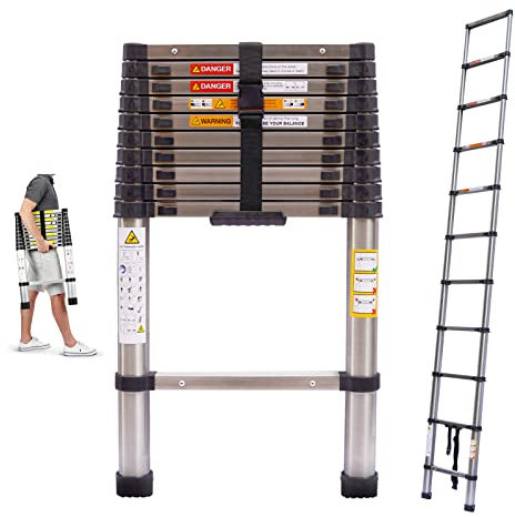 Multi-Purpose Heavy Duty Stainless Steel Telescoping Ladder - 3.2m, 330lbs Load Capacity, EN131 Certified, Compact & Portable