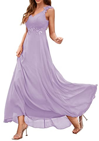 Vestidos de dama de honor de gasa apliques de encaje profundo cuello en V longitud del piso que fluye dama de honor vestidos con bolsillos hendidura, Lila, 42