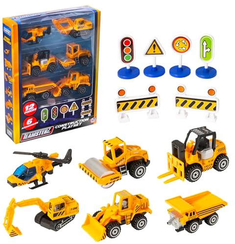 Teamsterz Street Machines Baustelle Set | 12 Teile mit Baustellenfahrzeugen | Kinder Bagger LKW Zubehör | Sandspielzeug Fahrzeuge | Spielzeug ab 3 Jahre