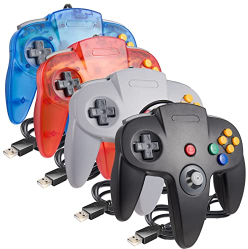 4 Pack PC USB N64 Controller, N64 Wired Gamepad [3D Analog Stick] for Windows PC MAC Linux Raspberry Pi Project 64 Retropie OpenEmu Emulator (Plug & Play) (Gray/Black/Clear Red/Clear Blue)