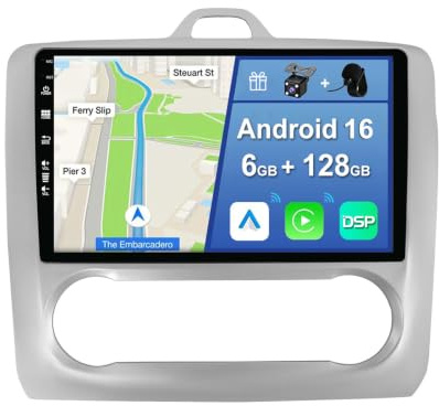 YUNTX Android 16 [6GB+128GB] 2 DIN Autoradio para Ford Focus(2004-2011)-[Integrado CarPlay/Android Auto/DSP/GPS]-IPS 2.5D 9” Touch Screen-Cámara+Mic-Dab/Bluetooth 5.0/360 Cámara/Control del Volante