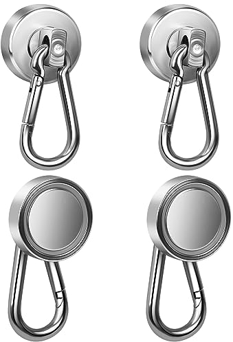 FOKUNCY Magnetic Hooks, Extra Strong, 4 Pieces Neodymium Magnet with Carabiner Magnetic Hooks, 25 kg Tensile Force Strong Carabiner Magnetic Hook Holds for Kitchen Bathroom Lockers