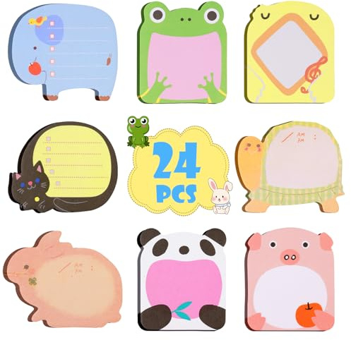 OFFCUP Blocchetti Memo Adesivi, 24pcs Animali Sticky Notes Adesive, 480 Fogli Mini Foglietti Adesivi Colorate Note Appiccicose per Ufficio, Scuola, Regali per Studenti Bambini