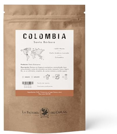 La Factoría del Café - Café especialidad Colombia Santa Bárbara | Fragancia Enzimática caramelizada base achocolatada y notas de chocolate con leche, caramelo, fresa y ligera flor - 250 Gramos