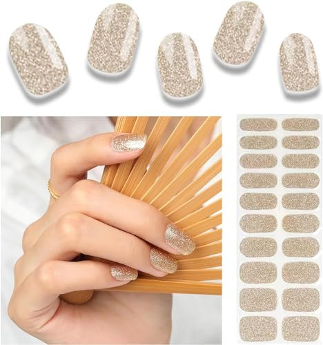 Foyute Semi Cured Gel Nail Strips, 20 Pcs Soft Self-Adhesive Gel Nail Polish Wraps Sticker for Salon-Quality Manicure Set,Long Lasting,Easy to Apply & Remove, Nail File & Wooden Stick