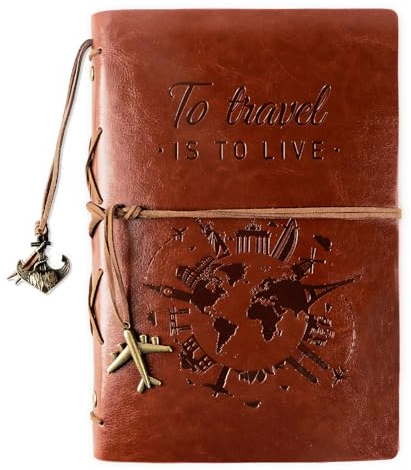 GEBETTER Leather Travel Journal Notebook A5 Vintage Refillable Journal with Blank Pages Travel Spiral with Retro Pendants for Men Women Writing Sketching Travelers Diary
