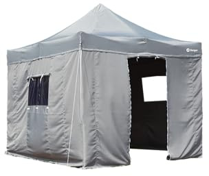 BERGER Seitenwand 4er-Set für Faltpavillon 3x3 m grau | Seitenteile mit Sichtfenster & Tür für Pavillon oder Partyzelt beim Camping | Mit Klett- & Reißverschluss als Wind- und Sichtschutz