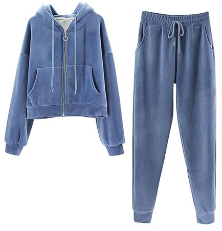 Runstarshow Survêtement pour femme - Ensemble complet de vêtements de détente en velours - Pantalon en velours à capuche et fermeture éclair - Ensemble de jogging avec poches - 2 pièces - Tailles S à