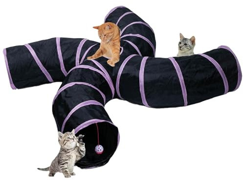 EGETOTA Katzentunnel für Indoor-Katzen, groß, mit Spielball, S-Form, 4-Wege-zusammenklappbar, interaktives Guckloch, Haustier-Schlauchspielzeug, Welpen, Kätzchen, Kaninchen (S4 - Schwarz & Rosa)