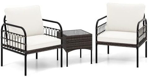 LIFEZEAL 3-teiliges Gartenmöbel Set, 2 Rattanstühle mit Couchtisch aus Glas, Balkonset Gartensitzgruppe mit Kissen, Balkonmöbel-Set für Terrasse, Garten, Balkon
