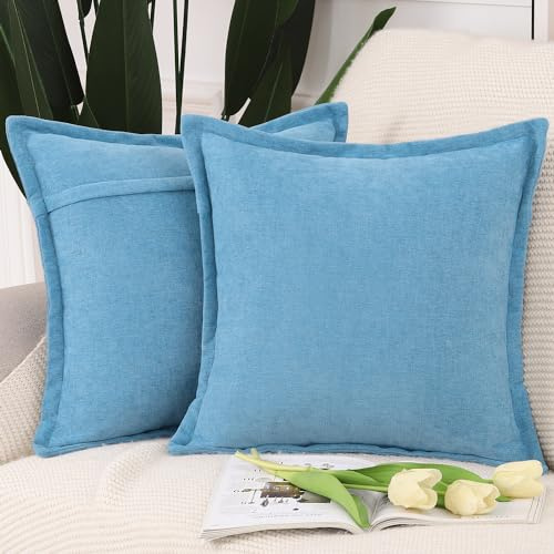 Madizz 2er Set Fransen Chenille Schlicht Zierkissenbezüge Modern Kissenbezug Kissenhülle Sofakissen Lendenkissen für Sofa Schlafzimmer Blau 50x50 cm