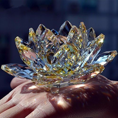 SEGOY Crystal Lotus Flower Bouquet Large Craft Home Decoration Birthday Wedding Gift Crystal Glass Yellow Size 13cms