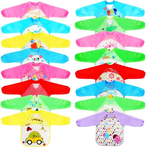 Flotory 16 Pcs Kids Painting Art Smock Waterproof Apron Long Sleeve Washable Smock for Boys Girls Crafting Eating Drawing Cooking, 16 Styles