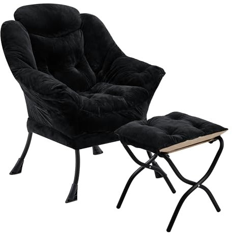 Youtanic Lazy Chair with Folding Ottoman, Accent Chair Plush Upholstered with Metal Structure and Non-Slip Pads, Sofa Armchair with Footrest and Side Storage Bag for Dorm, Room, Office, Black