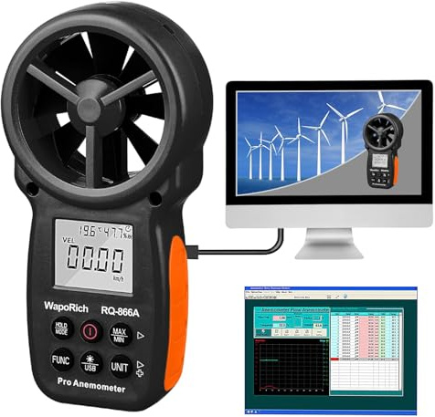 WapoRich Handheld Anemometer, Digital Wind Speed CFM Meter Gauge - PC Data Air Flow Measures Wind Speed/Air Flow/Humidity/Temp/Dew Point for HVAC, Drone, Shooting, Sailing - RQ-866A