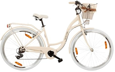 Goetze Mood Damenrad 28 Zoll, 7-Gang mit Korb | Tiefeinstieg, Shimano-Antrieb, V-Brakes, LED-Beleuchtung, Reflektoren, komplett ausgestattet