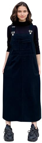 Womens Vintage Corduroy Suspender Long Skirts Solid Color Dungarees Pencil Skirts Adjustable Strap Pinafore Overalls with Pockets Black