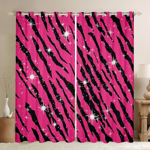 Homewish Verdunkelungsvorhänge Zebrastreifen Druck Fenster Vorhänge 140Bx245L Mädchen Rosa Schwarz Kinder Vorhänge Safari Afrikanische Tiere Gedruckt Glitzer Dekor für Frauen Kinder Schlafzimmer