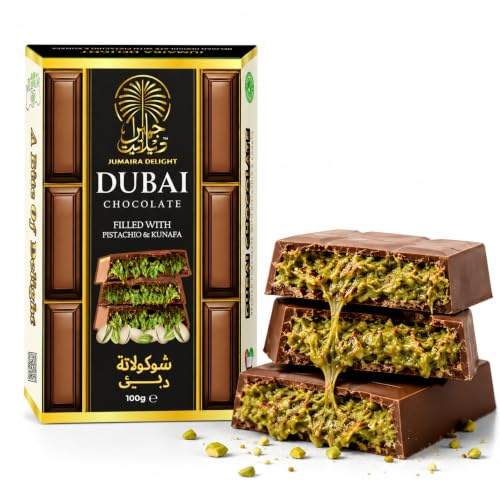 Dubai Chocolate by Jumaira Delight - Premium Belgian Chocolate Bar with Crispy Kunafa & Pistachio Cream Filling, Luxury Chocolate Gift Box, 100g, (Pack of 1)