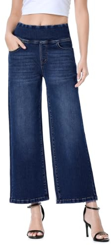 Chasehot Vaqueros Mujer Elásticos, Tiro Alto con Control de Vientre, Pantalones Anchos de Pierna Recta Crop Elegantes, Índigo Oscuro-XXL