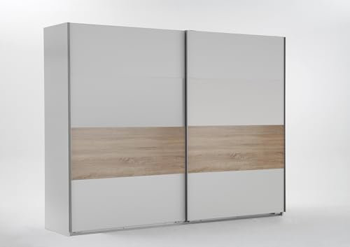 Schwebetürenschrank >Bert< in Weiß mit Eiche Sägerau Nachbildung, 270 cm breit, 208 cm hoch, 65 cm tief, mit 2 Schwebetüren, 3 Einlegeböden, 3 Kleiderstangen - Made in Germany, zerlegt geliefert