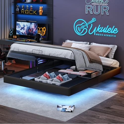 BRILVERDE Polsterbett 160x200 cm, Doppelbett mit LED, Schwebebett mit Stauraum, Hydraulisch Stauraumbett, Jugendbett mit Lattenrost, Bettgestell, PU (Schwarz, 160 x 200 cm)