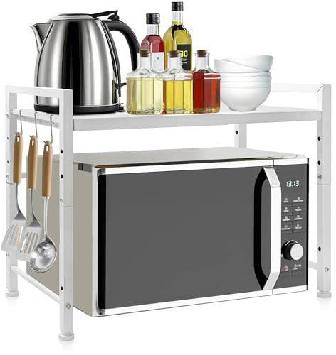 Expandable Microwave Oven Rack | Height-Adjustable Microwave Shelf | 2-Tier microwave Stand with Hooks | Foldable Kitchen Countertop Organiser for Toasters |Non-Slip microwave Storage Rack(White)