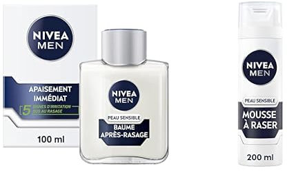 Lot NIVEA MEN Peau Sensible Baume Après-Rasage (1 x 100 ml) + Mousse à Raser (200 ml), crème de rasage enrichie en camomille et en hamamélis, soin rasage 0% alcool pour homme