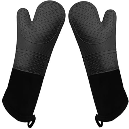 Linwnil Guantes de horno de silicona extralargos resistentes de grado comercial, guantes de horno resistentes al calor, guantes de barbacoa con forro de algodón acolchado, paquete de 2 (negro)