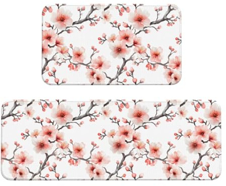 TZTTZT Antifatigue Küchenmatten für den Boden, 2-teilig, rosa Pfirsichblüten-Druck, Küchenteppich, rutschfest, waschbar, Läufer, Teppich, Stehmatte für Büro, Waschküche, Badezimmer, Heimdekoration und