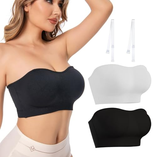 2 Stück Bandeau BH Damen Trägerloser BH Push Up Bustier Top ohne Bügel Schulterfrei Bra Tube Top mit Rutschfester Silikon Transparente Träger Schwarz+Weiß L