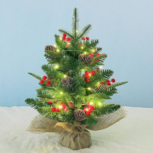 Künstlicher Weihnachtsbaum, Mini Weihnachtsbaum mit Beleuchtung, Dekorierter Tannenbaum mit Kiefernzapfen, Roten Beeren und Jutebasis, Tisch Weihnachtsdeko für Zuhause Büro Esstisch
