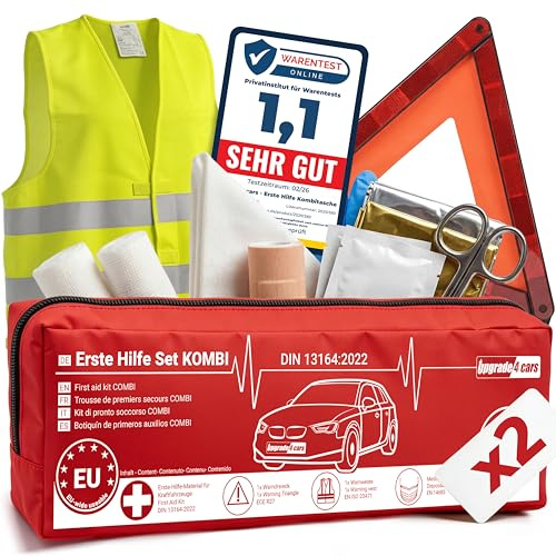 Upgrade4cars 2 x Verbandskasten Version 2026 mit Warndreieck & Warnweste | Kfz Kombitasche | nach Norm DIN 13164 | Erste Hilfe & Pannenset | leicht mitzuführenden Tasche | Masken Typ I