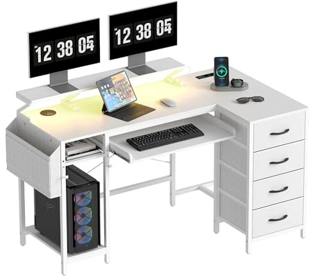 yeshine L-Förmiger Schreibtisch 140cm mit Tastaturauszug Gamingtisch mit USB-Ladeanschluss & Steckdose Computertisch mit RGB Beleuchtung & Schubladen für Arbeit, Studium, Freizei, Weiß