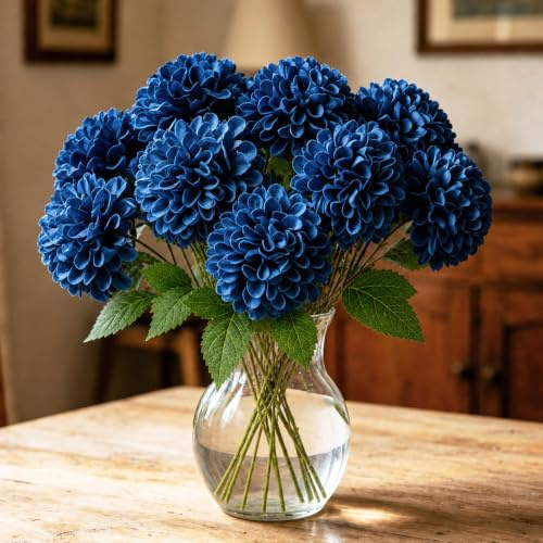 XIANNVXI 12 bolas artificiales de crisantemo azul marino con tallos con caja, plantas decorativas de crisantemo sintético, flores de espuma azul para interiores y exteriores, decoración del hogar