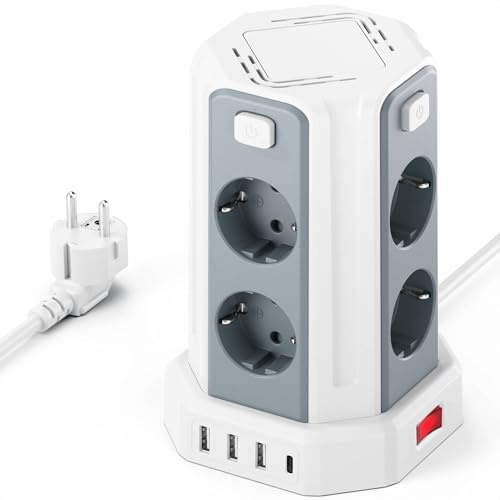 8 Fach Steckdosenleiste 4 einzeln schaltbar 2 M Mehrfachsteckdose mit 4 USB | Verlängerungskabel mit Mehrfachstecker Verteilersteckdose Steckdosenwürfel,Steckdosenturm Steckerleiste für Zuhause Büro