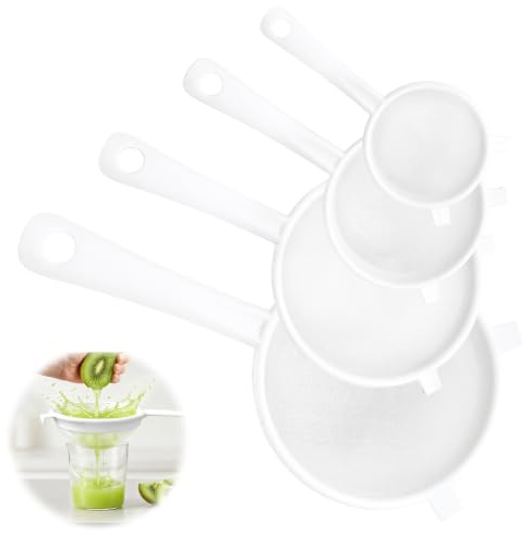 MSIHEY Juego de 4 coladores de doble oreja de plástico, colador de plástico, para zumo de verduras, frutas, café, zumo, kéfir, cuatro tamaños, 9,5 x 20 cm, 11,5 x 22,5 cm, 13,5 x 26 cm y 15 x 28,7 cm