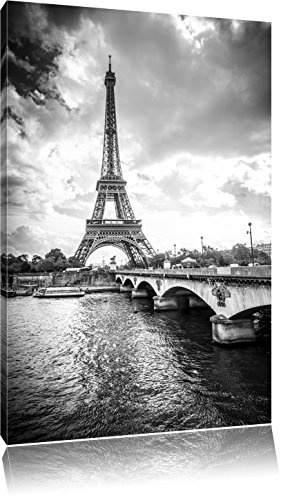 Pixxprint Eiffelturm in Paris Kunst B&W, Größe: 120x80cm, Leinwandbild, fertig gespannt, Wandbild, Dekoration, Kunstdruck, kein Poster