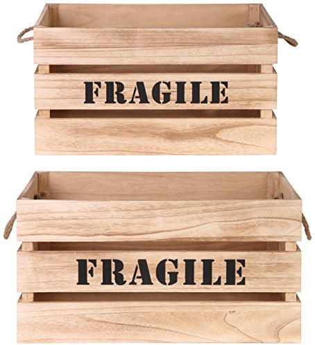 HOME DECO FACTORY - HD3902 - Cajas de Madera Natural Gran Modelo con Mensaje 'Frágil' - Juego de 2 - Dimensiones 53,5 x 36,5 x 28 cm - Color Marrón - Idea de Regalo