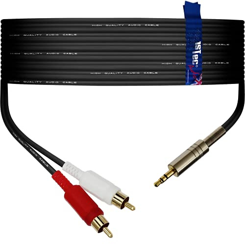 1STec 30m Long Stereo 3.5mm Mini Jack Plug to RCA Male connectors Cable connects Headphone Output on Audio Devices to a HiFi Amplifier Auxiliary/AUX Input on an Amp (30 Metre 1/8 Jack-2 phono)