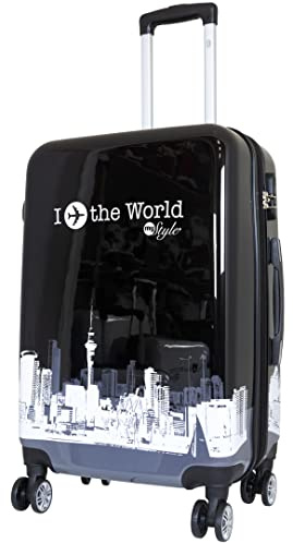 Trendyshop365 Hartschale City-Koffer mit Flugzeug Städte Motiv - Fly The World schwarz - 68 cm 69 Liter 4 Rollen