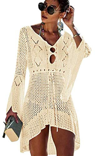 Paréo Femme Plage Mini Robes Grande Taille Tunique Pull Col V Kimono Bohême Mode Bikini Cover Up Crochet Blouse (One Size, A - Beige)