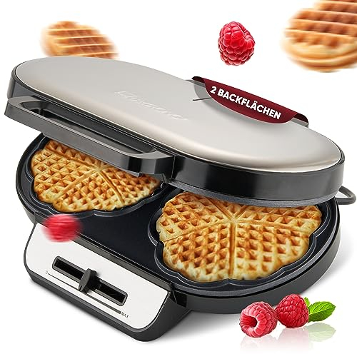 Clatronic® Waffeleisen mit 2 antihaftbeschichteten Backflächen | Waffeleisen Herzform stufenlos einstellbarer Bräunungsgrad & Backampel | 2 Waffeln pro Backvorgang | 1200W | WA 3745