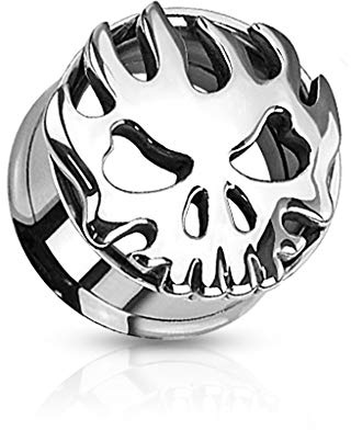 BlackAmazement Unisex Flesh Tunnel Plug Inlay Piercing Edelstahl Totenkopf Flaming Skull Silber Flamme (Größe: 18 mm)