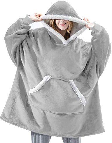 IvyH Överdimensionerad huvtröja sweatshirt filt, bärbar sherpa-filt huvtröja långärmad supermjuk varm huvtröja en storlek passar män kvinnor flickor pojkar unisex (ljusgrå)