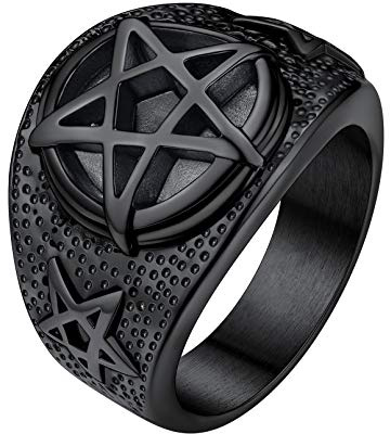 FaithHeart Retro Siegelring für Herren, Edelstahl Pentagramm Ring,Schwarzer Fingerring mit Pentagramm,Goldene Ringe für Weihnachten Geburstag Valentinstag